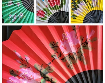 Handheld Fan, floral paper wood folding fan, red, green, white or Yellow, foldaway large fan, display wall decor, collectible