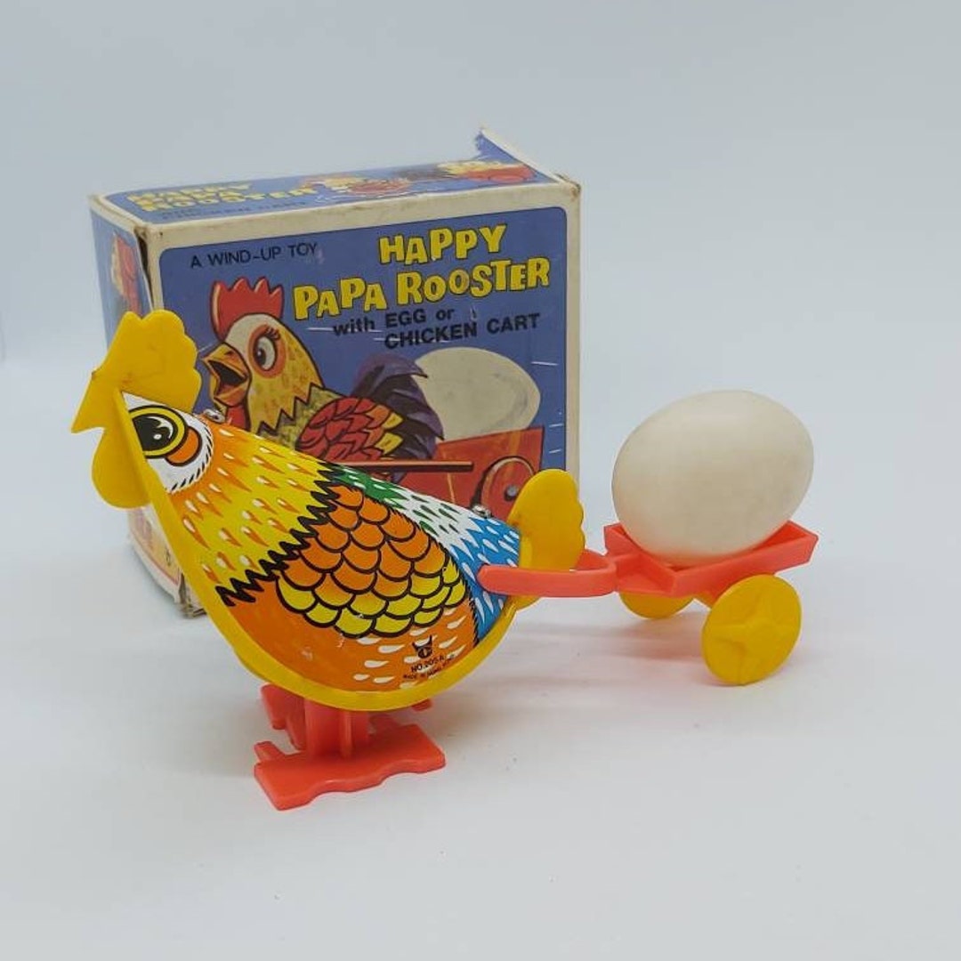 Vintage Wind up Toy, Happy Papa Rooster With Cart in Original Box