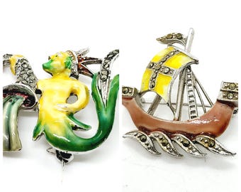 Vintage Enamel Brooch: Neptune or Galleon Ship Pin, 1950s Jewelry
