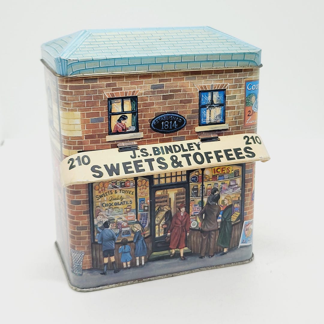 J S Bindley Sweets & Toffees Tin, silver crane vintage shop front tin ...
