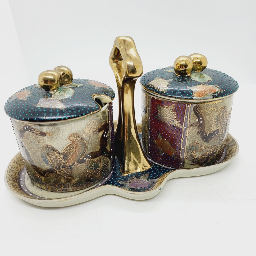 Antique Satsuma Ware Condiment Set: Japanese Bird & Floral Pottery - Etsy