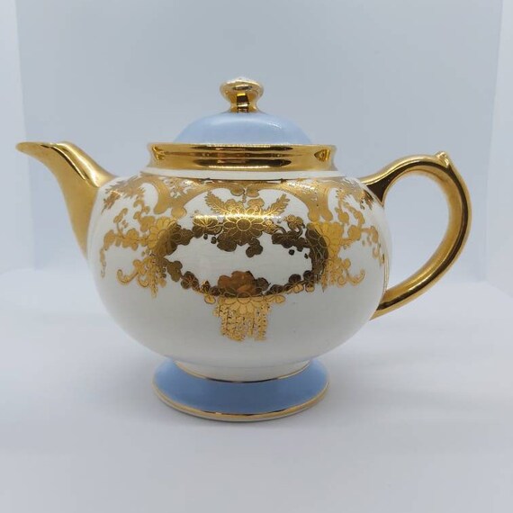 Antique Chelsea Gibson teapot, stunning blue and gold teapot, vintage