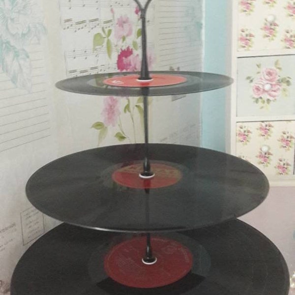 Up cycled vinyl record cupcake stand, repurposed three tier cake stand, vintage Lp, 7 inch singles, retro party and music themed home decor