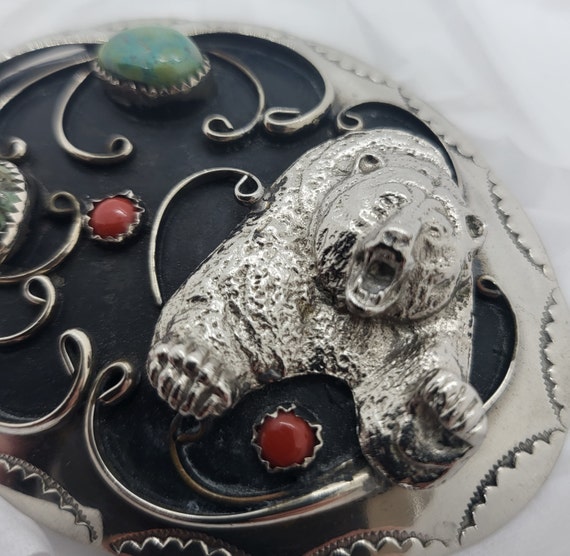 Silver, turquoise, coral Belt buckle, grizzly bea… - image 7