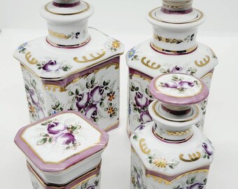 French porcelain perfume bottle, toiletry vanity, apothecary jar, flask, chintz floral dressing table, room decor, boudoir chateau style