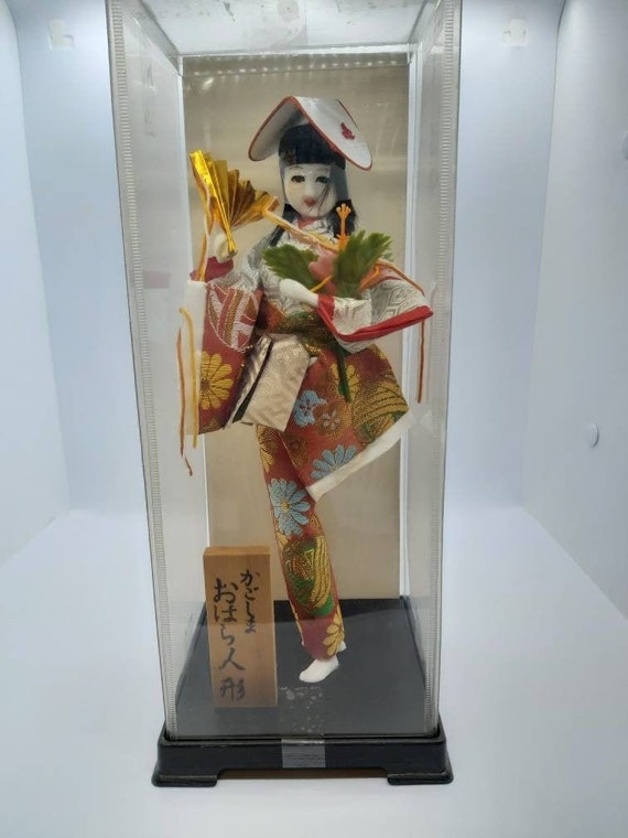 Fully Decorated China Head and Hands Brocade Dress Vintage UNI Geisha Doll on Stand with Protective Case