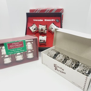 Silver plate napkin rings, boxed ornate filigree style silver plated serviette rings, vintage elegant dining & entertaining table decor