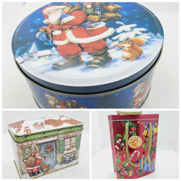 Christmas Tin gift box, Santa Clause, cottage shaped, round, rectangle, blue, red  tin bag by Ringtons, vintage display storage canister