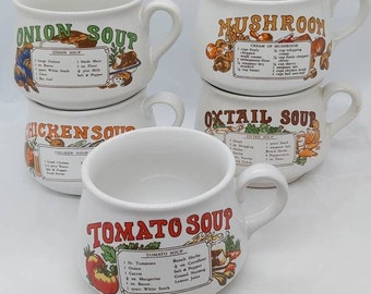 Vintage Soup mug, retro handled soup bowl, recipe soup cup, Tomato, chicken, mushroom, onion, scotch broth, oxtail, 1970's replacement piece