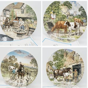 May include: Set of four decorative plates featuring pastoral scenes. Each plate depicts a different rural landscape with horses, cows, and people. The plates have a round shape and are likely made of ceramic.