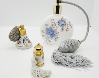 Perfume atomizer, Limoges porcelain, milk glass or metal travel, handbag size, vintage floral dressing table decor, fragrance, scent bottle