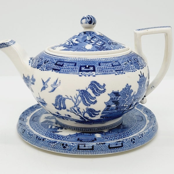 Support théière ou théière en saule d'Étrurie Wedgwood, théière ou support de casserole bleu et blanc, repose-cuillère, objet de collection antique, remplacement vintage