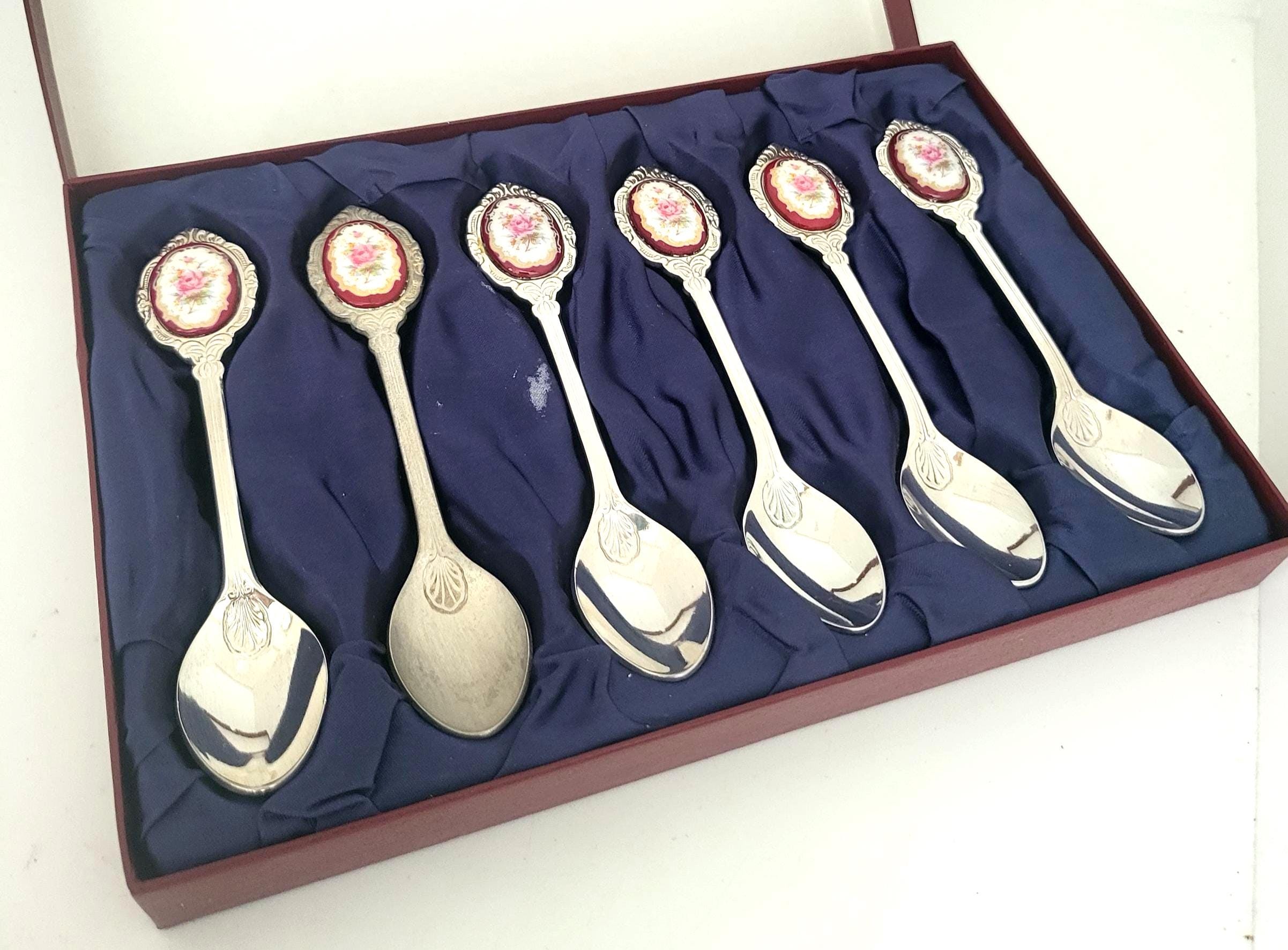 Vintage Floral Porcelain Teaspoons: Boxed Set Collectible Teatime