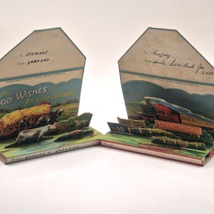 Vintage pop up 3D Birthday Greetings Novelty letter card, Farm or Steam train