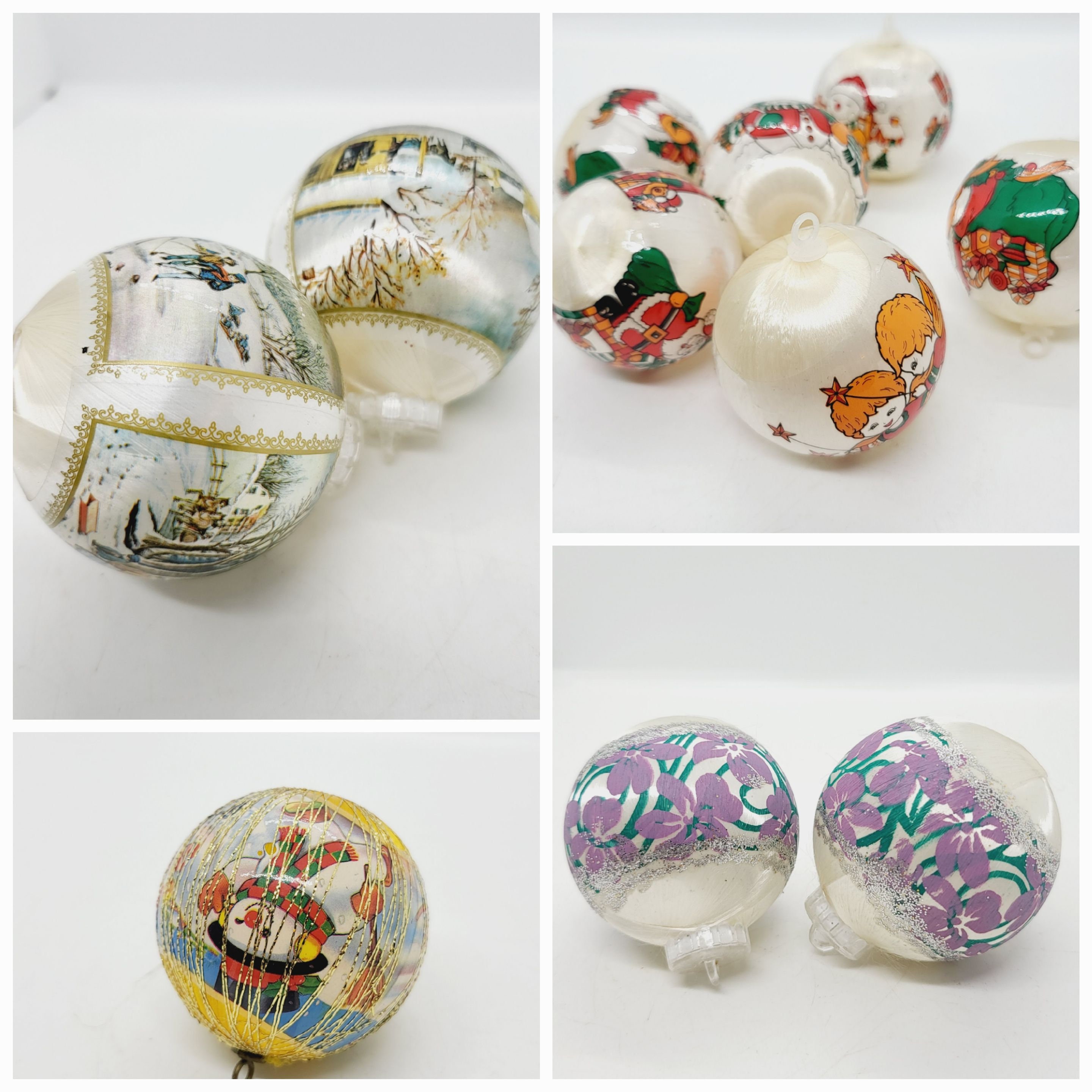 Vintage Christmas Ornaments 2pc Plastic Wrapped Silk Thread Balls Santa  Claus 3”