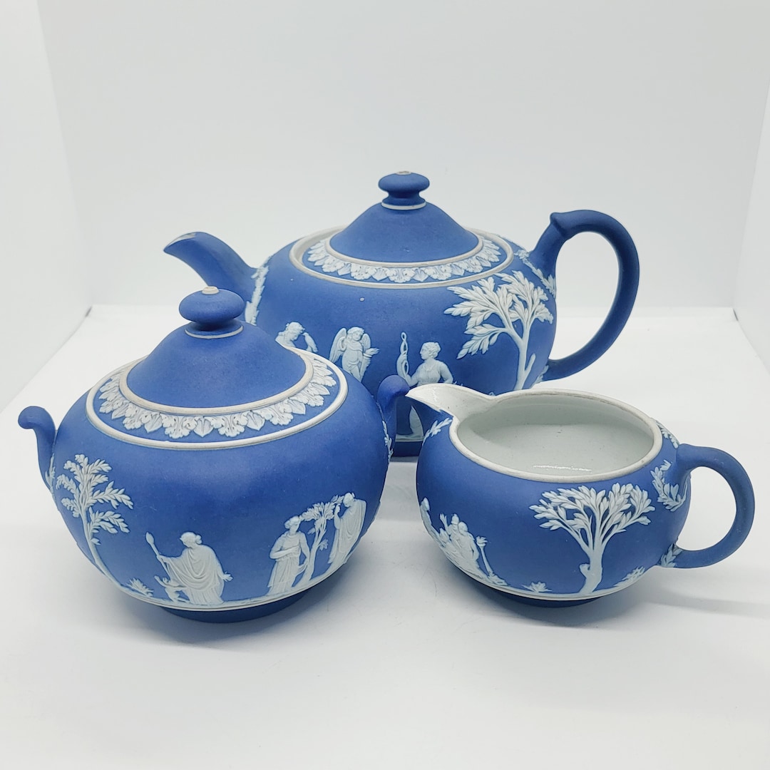 Vintage Wedgwood Jasperware: Cobalt Blue Teapot, Sugar Bowl, or