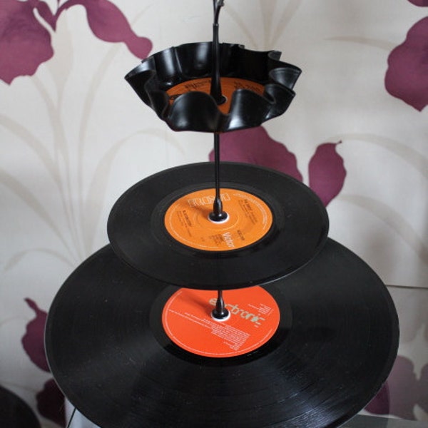 Vinyl record cupcake stand, 3 tier cake stand retro party decor, kitsch home gift, tea party, wedding, music themed decor