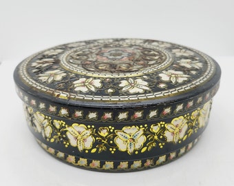 Edward Sharp & sons Tin, medium round black embossed floral storage can, English toffee tin, display collectible, vintage home decor gift