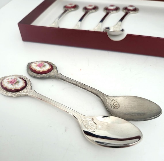 Vintage Floral Porcelain Teaspoons: Boxed Set Collectible Teatime