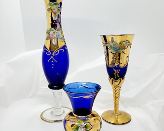 Vintage Cobalt Blue & Gold Floral Bud Vase - Single Stem Decor