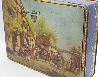 Burton's Gold medal Biscuit tin, hinged lid, rectangle metal storage canister, 18th century village Inn, pub, Cavalier scene, collectible