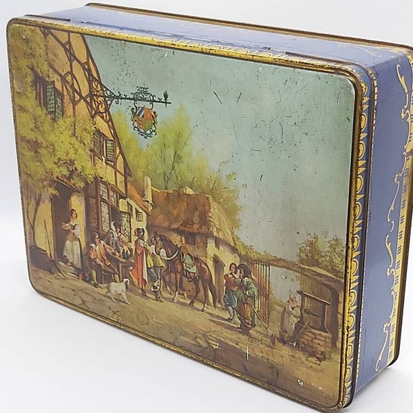 Burton's Gold medal Biscuit tin, hinged lid, rectangle metal storage canister, 18th century village Inn, pub, Cavalier scene, collectible