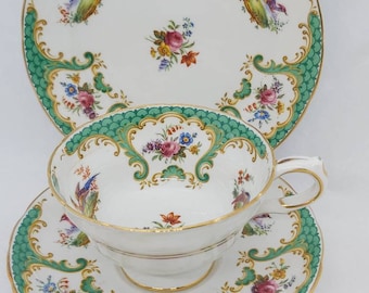 Vintage Grosvenor china teacup trio, Rutland floral and bird design footed teacup, saucer and side plate, vintage pretty teatime table decor