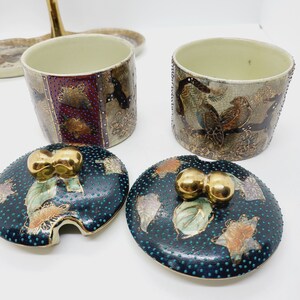 Satsuma Ware Condiment Pots, Tray, Lidded Jars, Oriental Japanese Bird