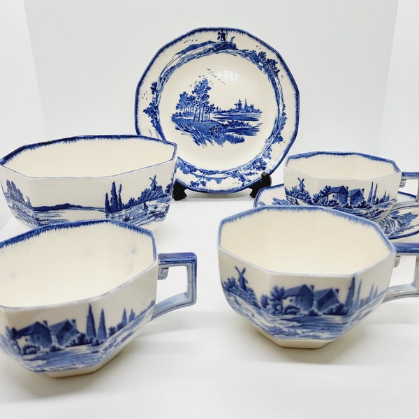Antique Royal Doulton Norfolk pattern blue & white pottery, tea, side plate, teacup and saucer or sugar bowl, collectible vintage home decor
