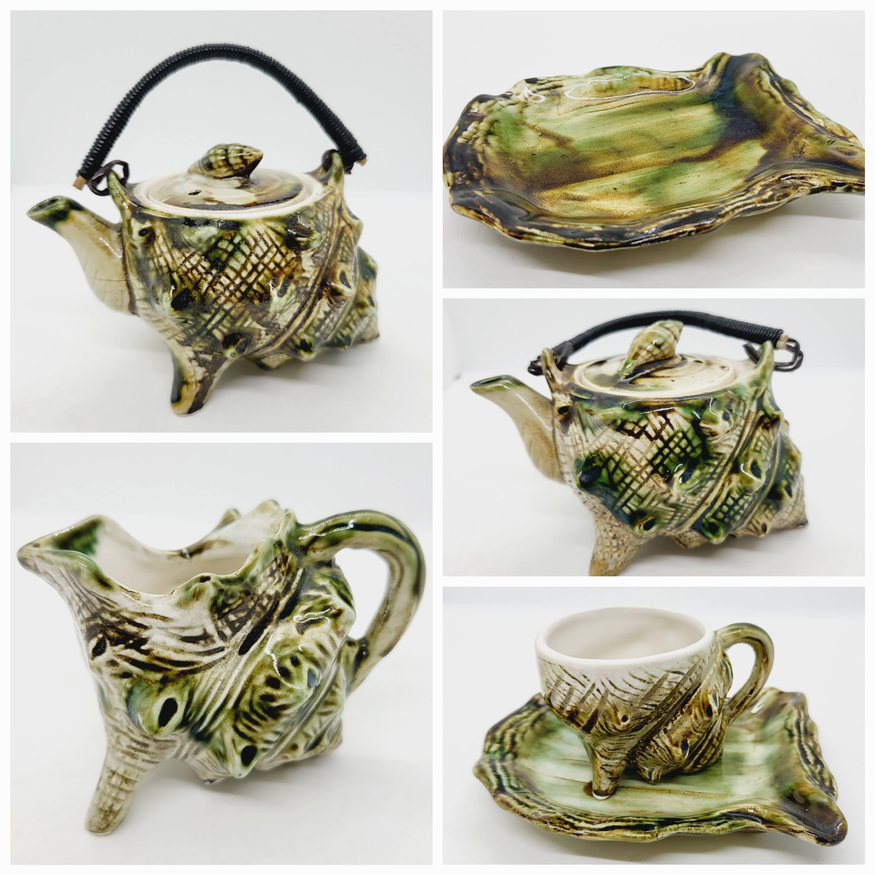 Vintage Seashell Teapot: Japanese Majolica Style Pottery, Green
