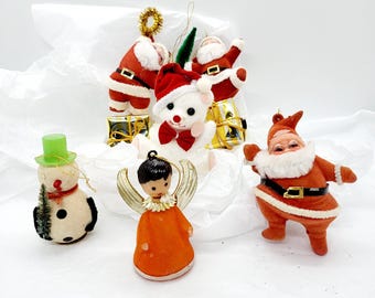 Vintage Flock Christmas Ornaments: Santa, Snowman, Angel, Bear