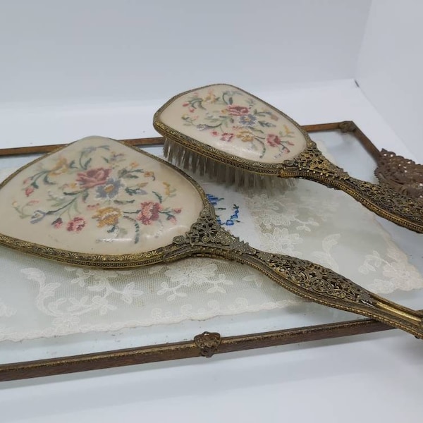 Antique filigree embroidered floral Vanity set, handheld mirror, hairbrush, glass lace tray dressing table set and boudoir decor