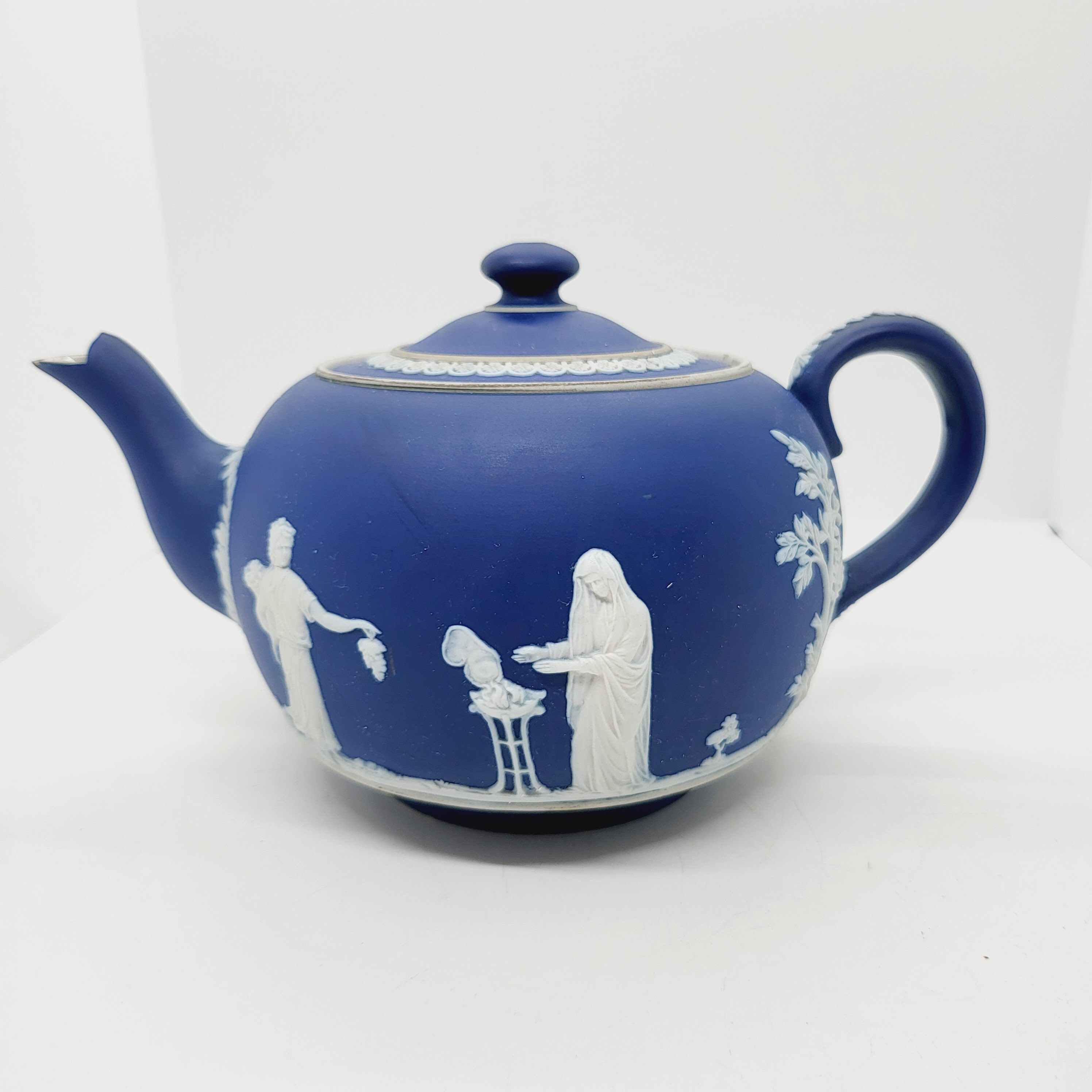 Vintage Adams Tunstall Jasperware Teapot: Cobalt Blue & White
