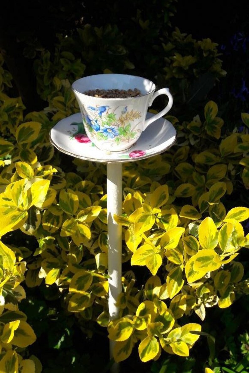 Teacup Bird Feeder Garden Ornament Yard Art Pole Bird Etsy