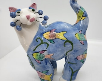 Amy Lacombe Cat Figurine, Blue Black Swirl, Blue, Orange or
