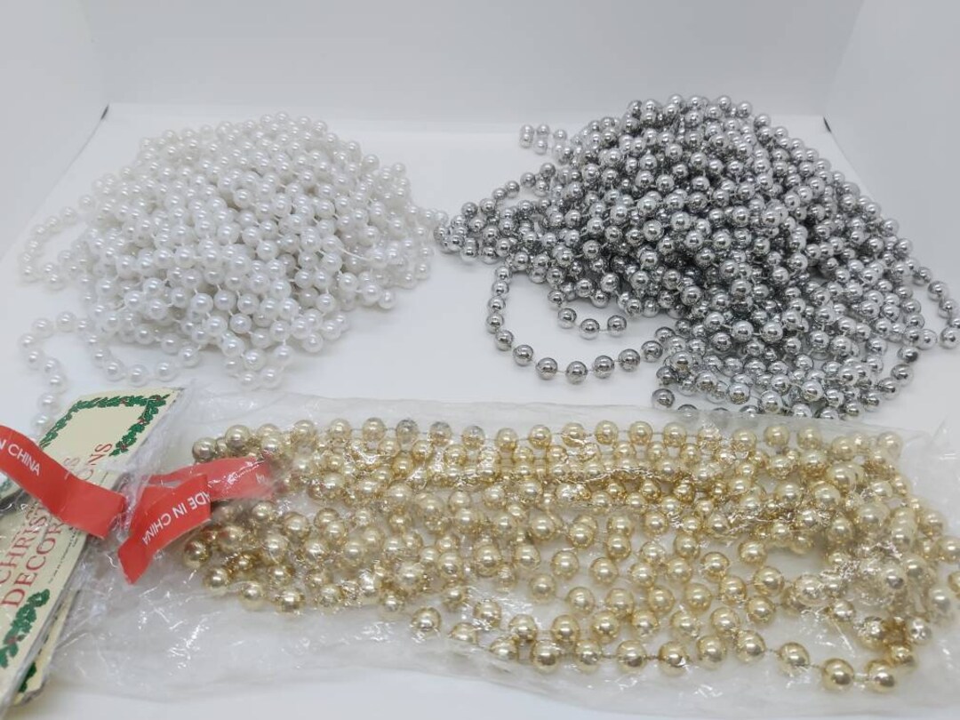 Vintage Christmas Tree Bead Garland, White, Silver Extra Long or Gold