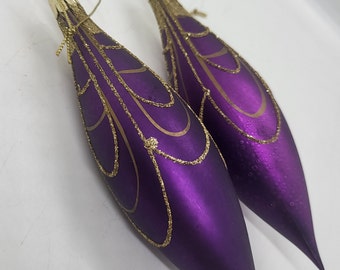 Purple and gold teardrop baubles, Christmas tree ornaments, trimming, holidays decorations, vintage festive home decor and crafts