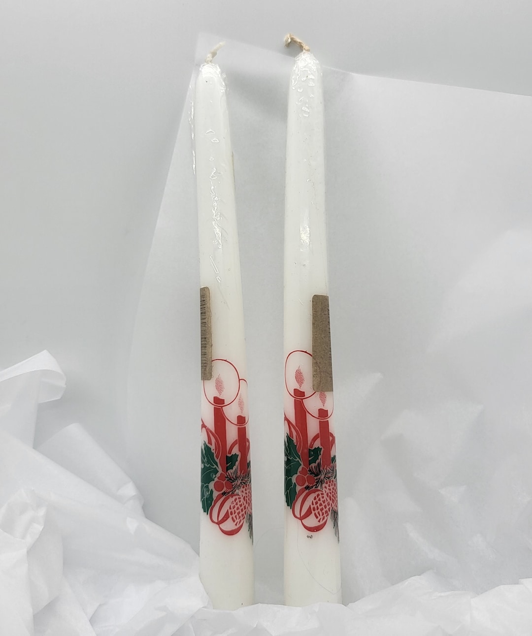 Christmas Taper Candles, Two White With Red & Green Christmas Table
