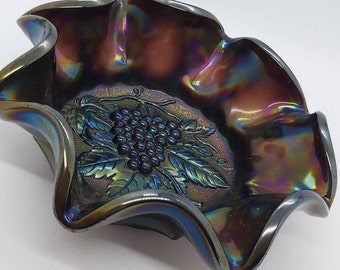 Amethyst carnival glass bowl iridescent dish, grape vine decorative glass collectible, replacement piece, vintage home decor