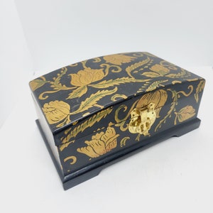 Holz Schmuckschatulle, schwarz gold floral handbemalt lackiert Rechteck Schmuckschatulle Schatzkiste Lagerung, Vintage Wohnkultur, Geschenk für sie