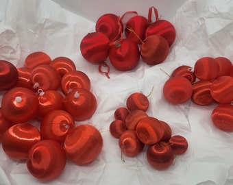 Red Satin, silk thread baubles, Christmas tree ornaments, tiny, small, medium or large shatterproof holidays decoration, vintage Christmas