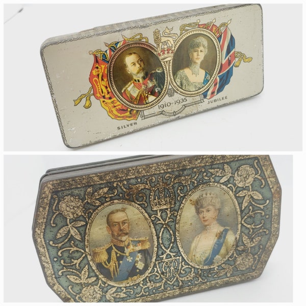 King George V Silver Jubilee tin, commemorative Cadbury Chocolate tin, King George Queen Mary 1935, rectangle or Octagon vintage collectible