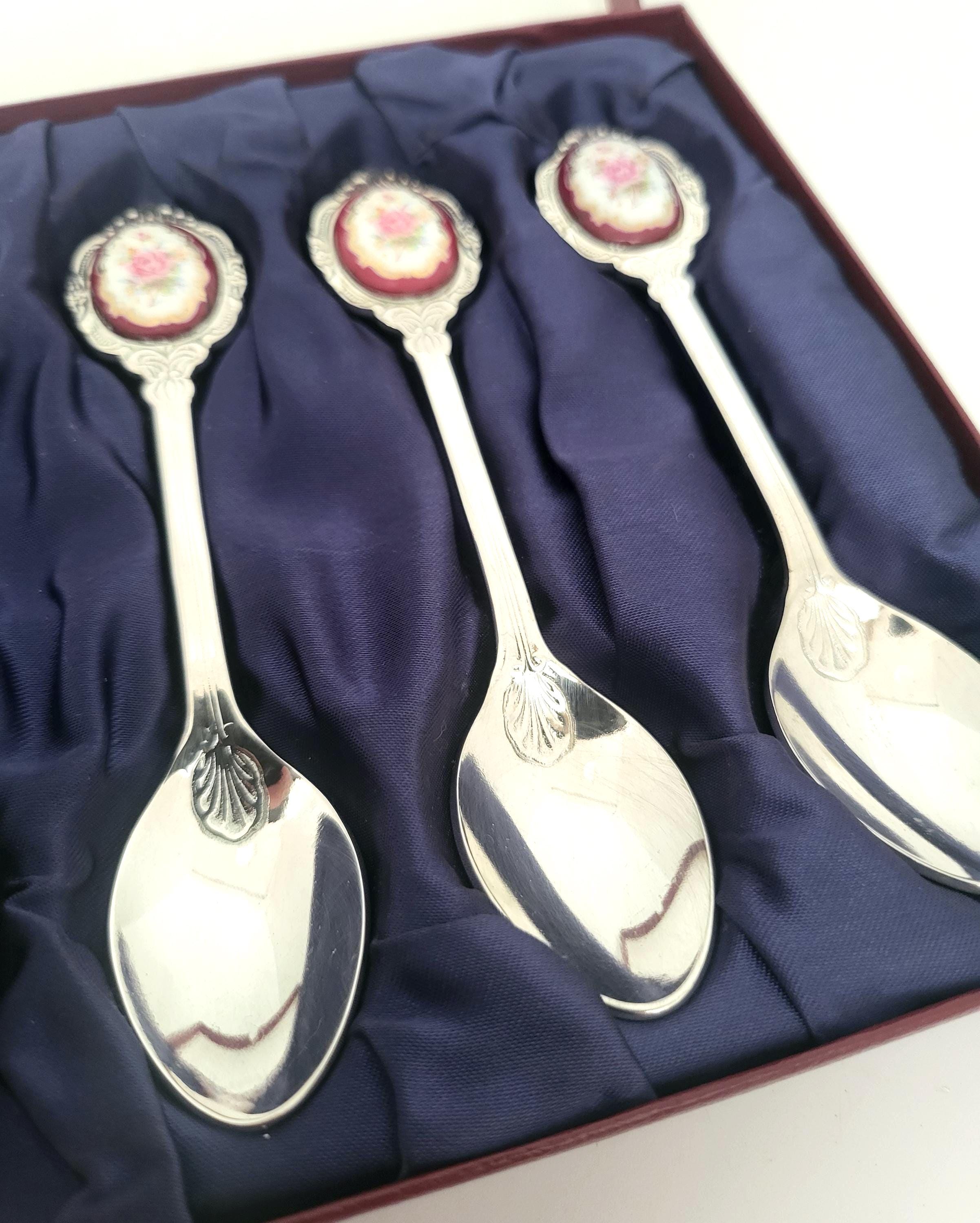 Vintage Floral Porcelain Teaspoons: Boxed Set Collectible Teatime