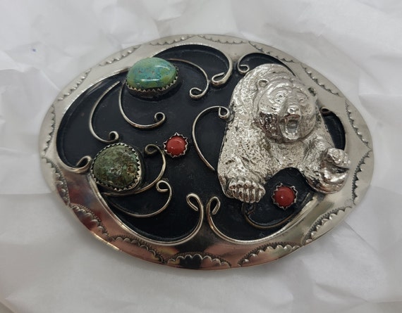 Silver, turquoise, coral Belt buckle, grizzly bea… - image 1