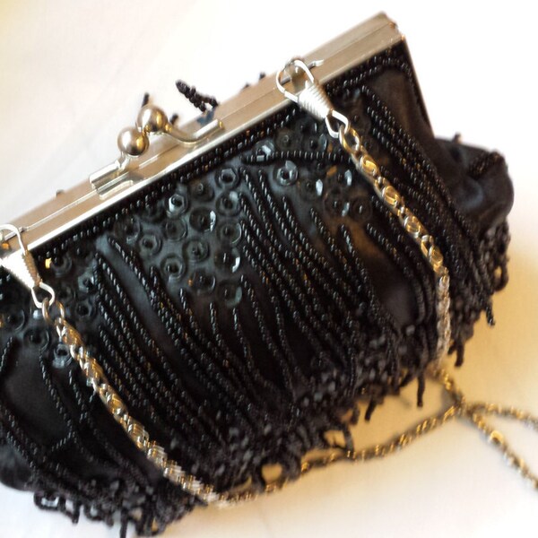 Vintage handbag, vintage evening bag, black sequin, beaded bag, silver chain handled bag, evening clutch bag, races handbag, wedding handbag