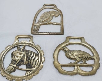 May include: Three antique brass horse brasses, each featuring a different animal design. The first brass features a parrot, the second a horse, and the third a pheasant.