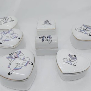 Pierrot trinket dish, porcelain lidded ring dish, heart, square or treasure chest shaped, collectible French clown vintage home decor