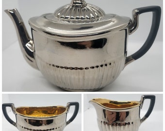 Théière, sucrier ou pot à lait en argent et or en porcelaine émaillée métallique avec noir mat, remplacement rare de l'heure du thé vintage de style Art déco