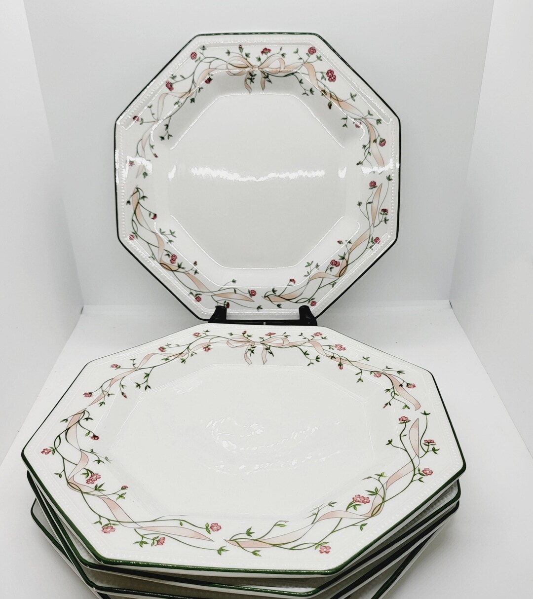 Eternal Beau Dinner Plate by Johnson Bros, Octagon Pink, Green Floral