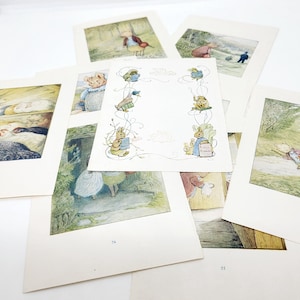 May include: A collection of vintage illustrations featuring a rabbit, a pig, and other animals. The illustrations are printed on white cardstock and have a delicate, hand-drawn style.
